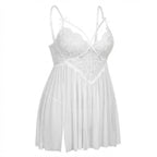 White Plus Size Lace Babydoll With Pleated Mesh Skirt And Thong - Marelia