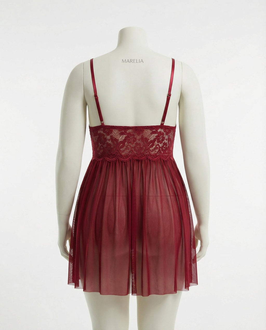 Burgundy Plus Size Lace Babydoll With Pleated Mesh Skirt And Thong - Marelia