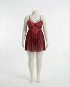 Burgundy Plus Size Lace Babydoll With Pleated Mesh Skirt And Thong - Marelia