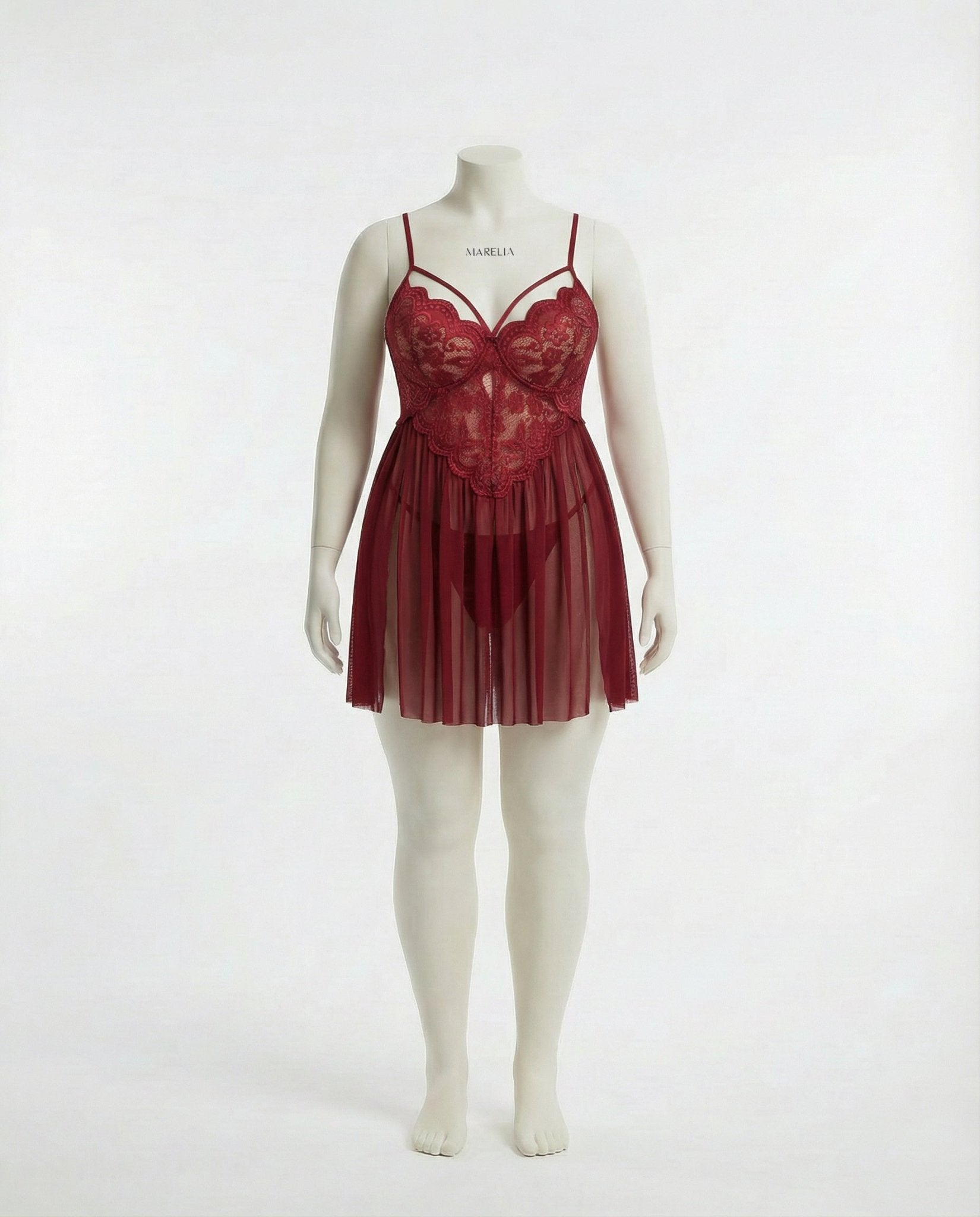 Burgundy Plus Size Lace Babydoll With Pleated Mesh Skirt And Thong - Marelia