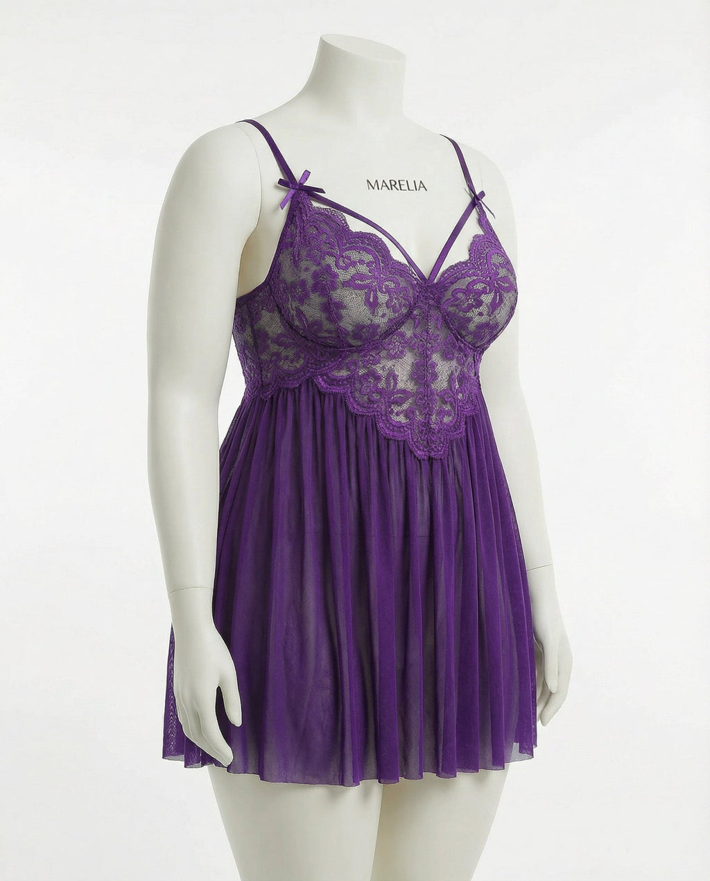 Purple Plus Size Lace Babydoll With Pleated Mesh Skirt And Thong - Marelia