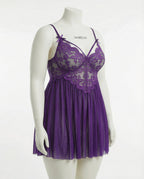 Purple Plus Size Lace Babydoll With Pleated Mesh Skirt And Thong - Marelia
