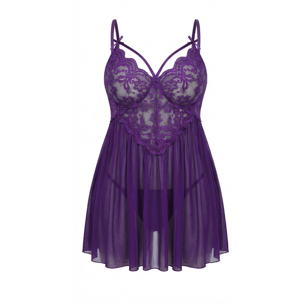 Purple Plus Size Lace Babydoll With Pleated Mesh Skirt And Thong - Marelia