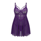 Purple Plus Size Lace Babydoll With Pleated Mesh Skirt And Thong - Marelia