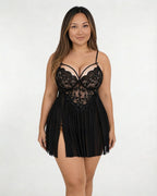 Black Plus Size Lace Babydoll With Pleated Mesh Skirt And Thong - MARELIA