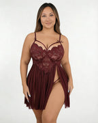 Plus Size Lace Babydoll With Pleated Mesh Skirt And Thong - MARELIA