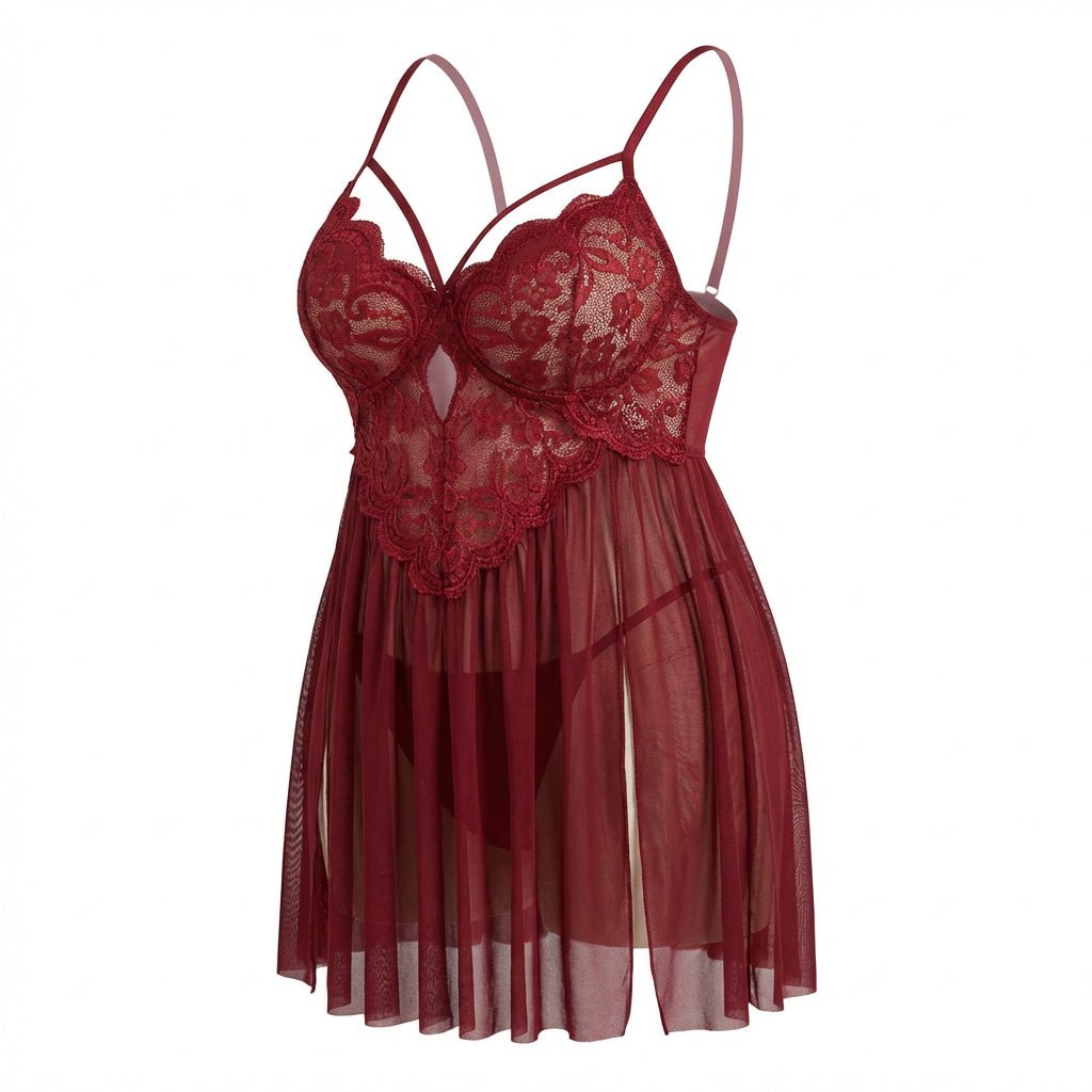 Burgundy Plus Size Lace Babydoll With Pleated Mesh Skirt And Thong - Marelia