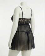 Black Plus Size Lace Babydoll With Pleated Mesh Skirt And Thong - Marelia