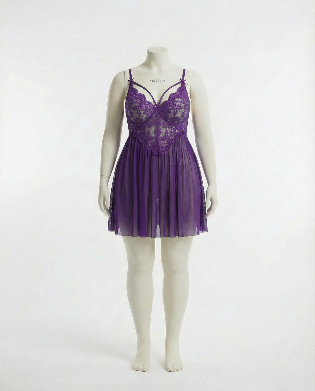 Purple Plus Size Lace Babydoll With Pleated Mesh Skirt And Thong - Marelia