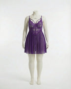 Purple Plus Size Lace Babydoll With Pleated Mesh Skirt And Thong - Marelia
