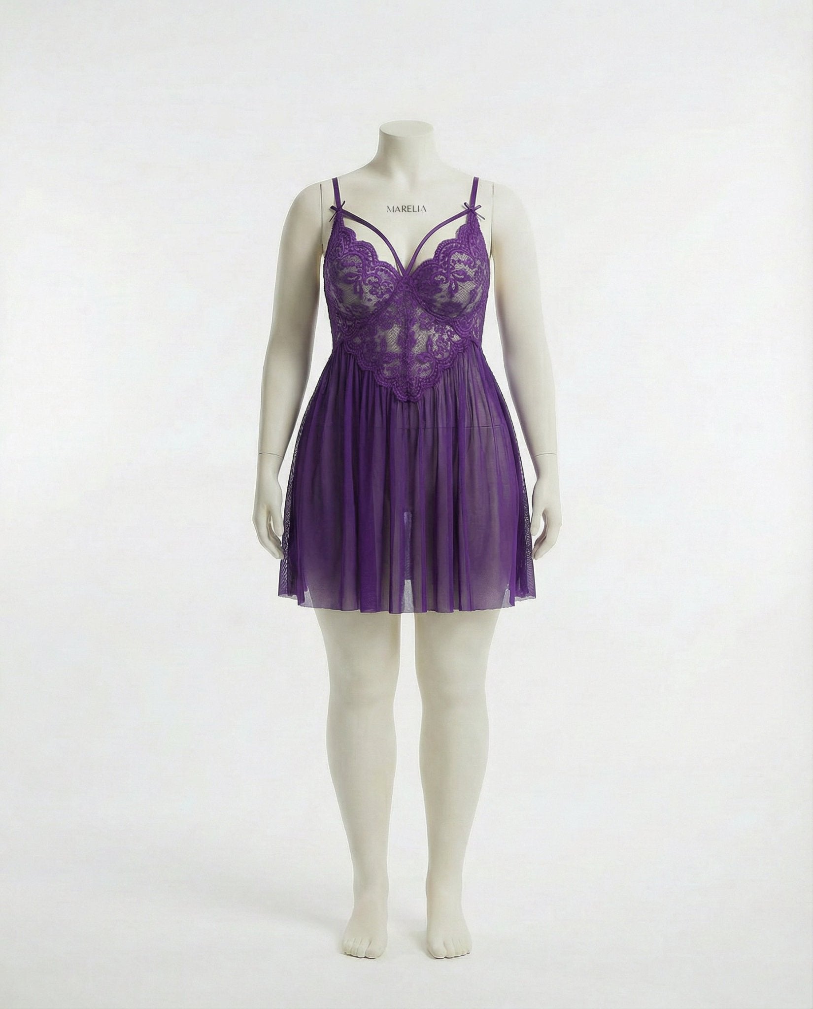Purple Plus Size Lace Babydoll With Pleated Mesh Skirt And Thong - Marelia