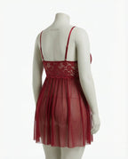 Burgundy Plus Size Lace Babydoll With Pleated Mesh Skirt And Thong - Marelia
