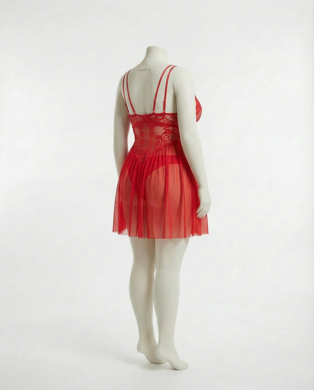 Red Plus Size Lace Babydoll With Pleated Mesh Skirt And Thong - Marelia