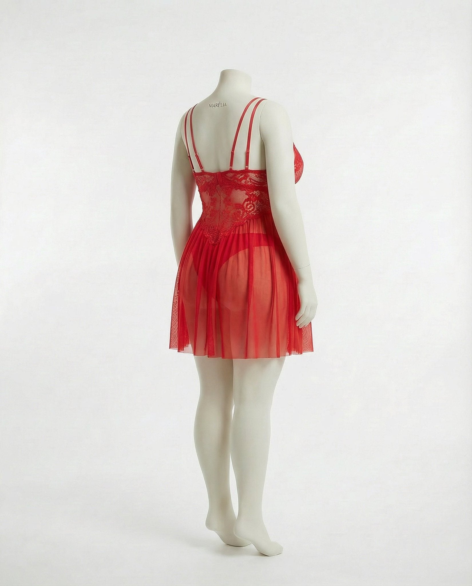 Red Plus Size Lace Babydoll With Pleated Mesh Skirt And Thong - Marelia