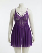 Purple Plus Size Lace Babydoll With Pleated Mesh Skirt And Thong - Marelia