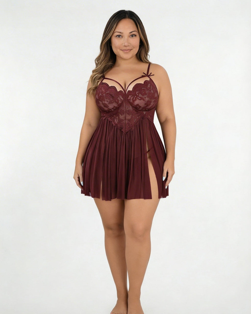 Burgundy Plus Size Lace Babydoll With Pleated Mesh Skirt And Thong - MARELIA