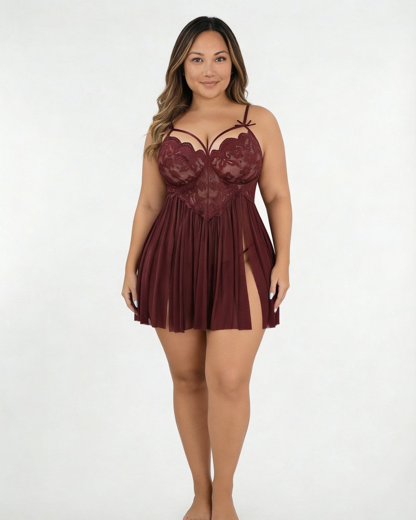 Burgundy Plus Size Lace Babydoll With Pleated Mesh Skirt And Thong - MARELIA