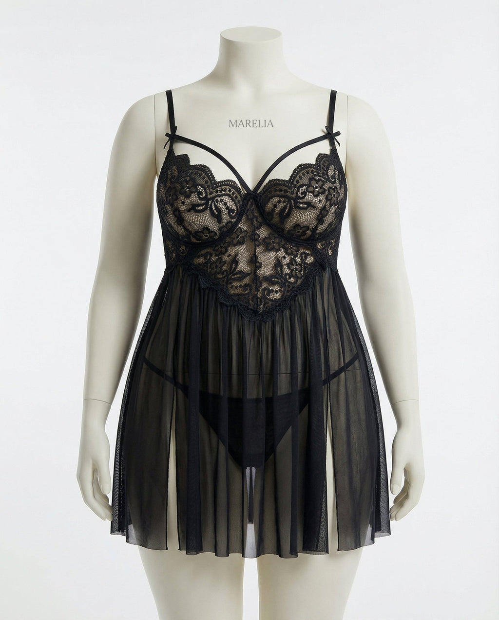 Black Plus Size Lace Babydoll With Pleated Mesh Skirt And Thong - Marelia