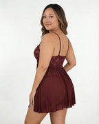 Plus Size Lace Babydoll With Pleated Mesh Skirt And Thong - MARELIA