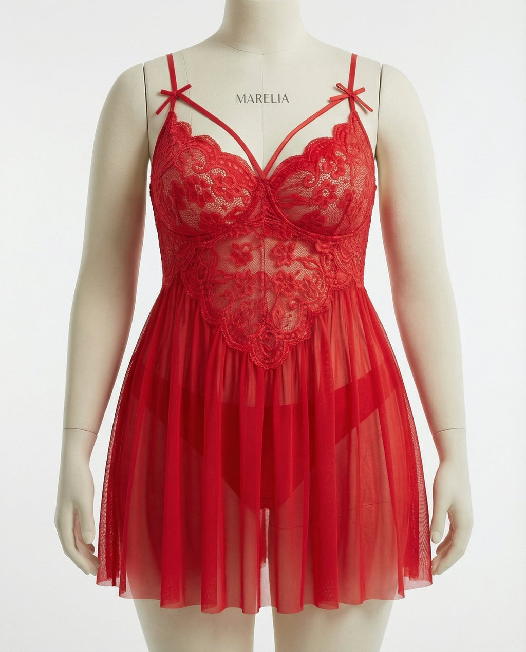Red Plus Size Lace Babydoll With Pleated Mesh Skirt And Thong - Marelia
