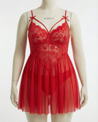 Red Plus Size Lace Babydoll With Pleated Mesh Skirt And Thong - Marelia