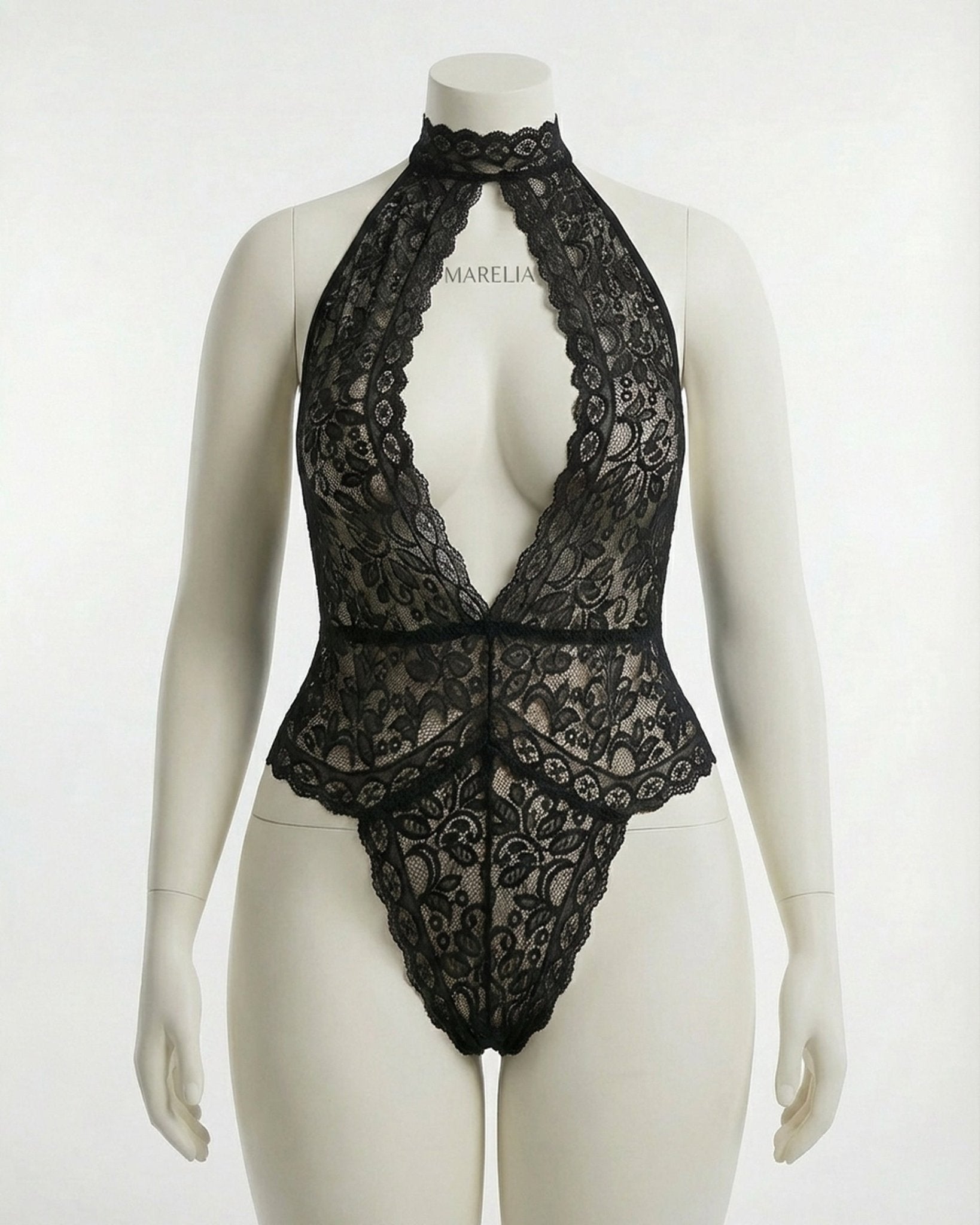 Black Plus Size Lace Halter Plunge Teddy - MARELIA