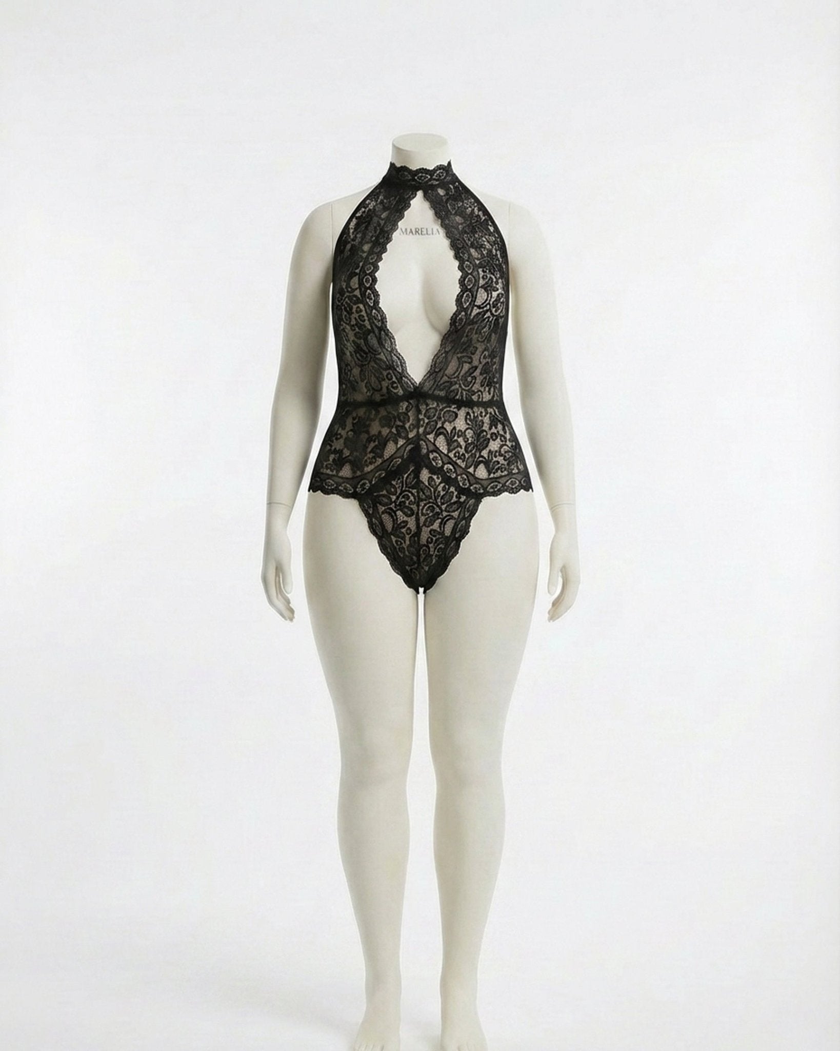 Black Plus Size Lace Halter Plunge Teddy - MARELIA