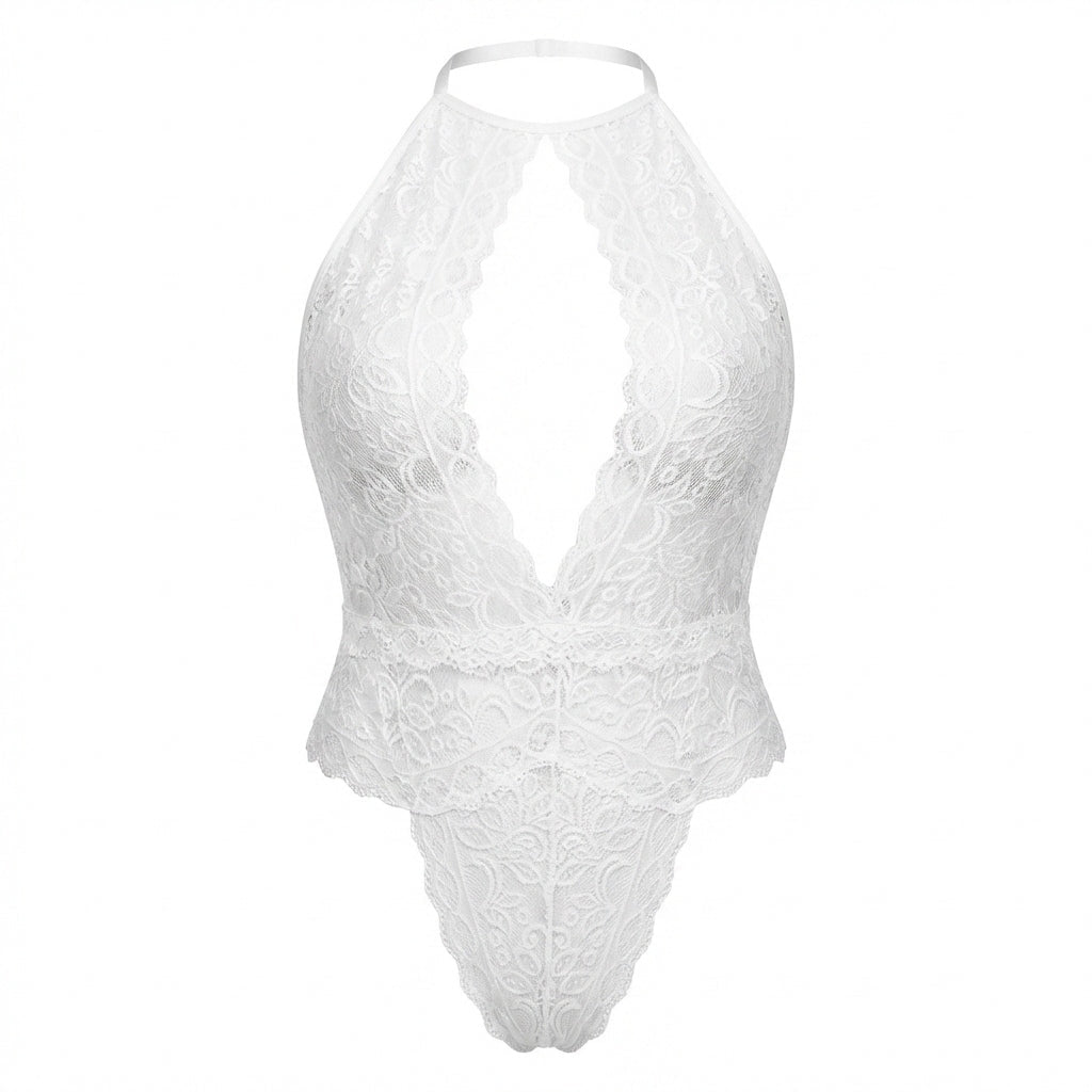 White Plus Size Lace Halter Plunge Teddy - MARELIA