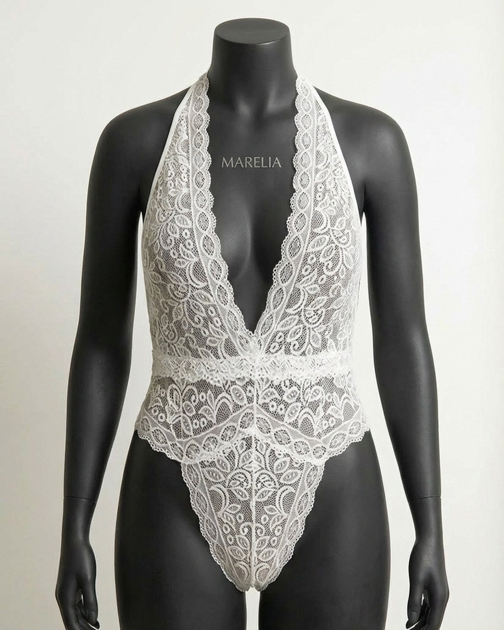 White Plus Size Lace Halter Plunge Teddy - MARELIA