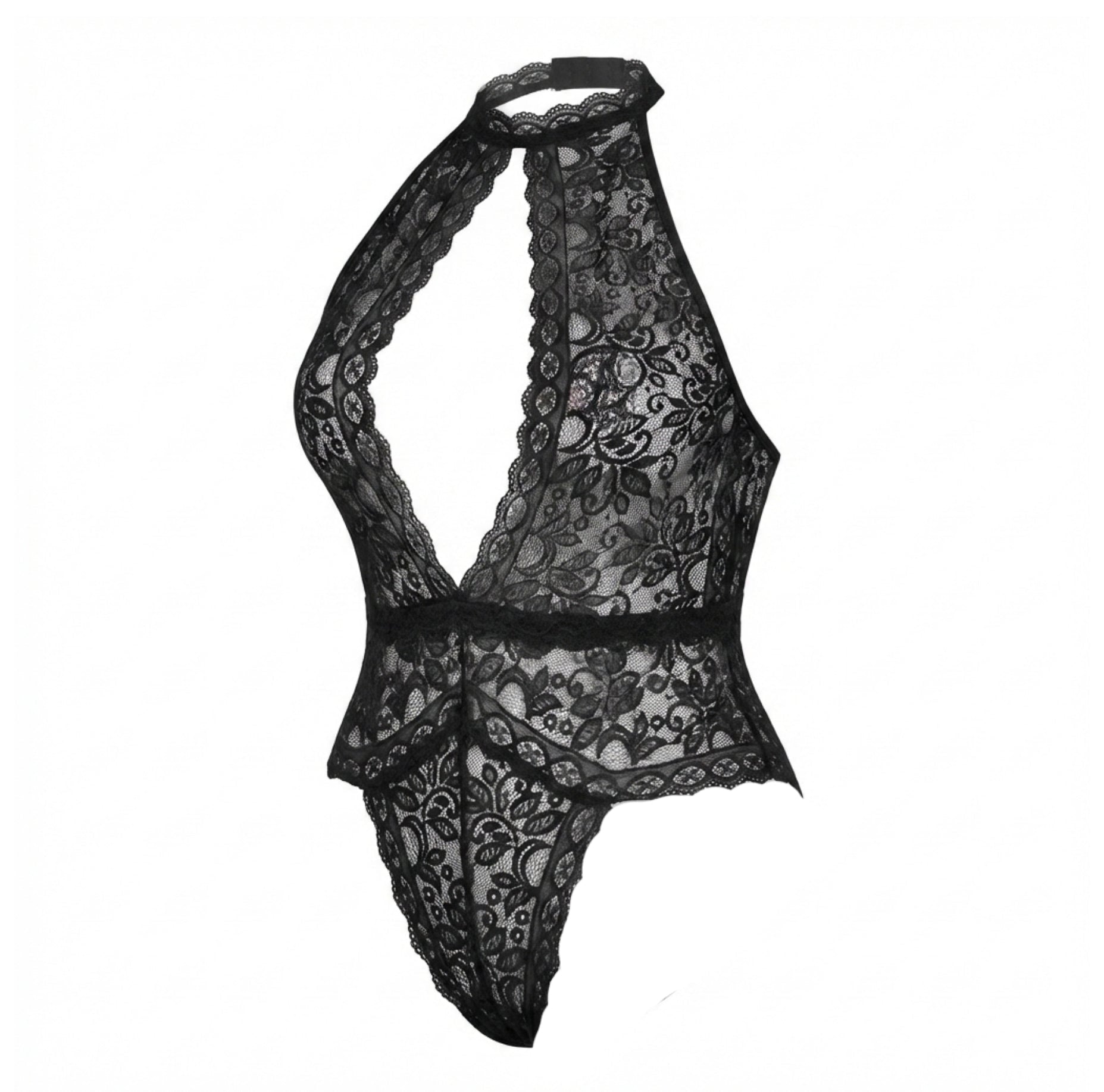 Black Plus Size Lace Halter Plunge Teddy - MARELIA