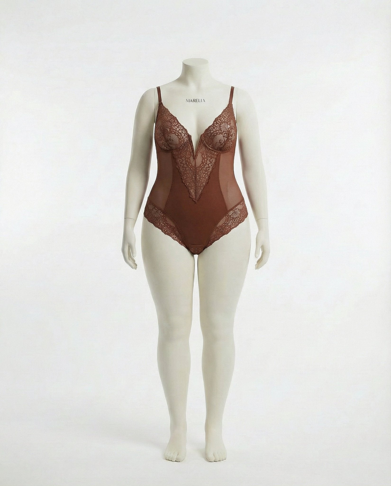 Brown Plus Size Lace Panel Bodysuit With Deep V-Neckline - Marelia