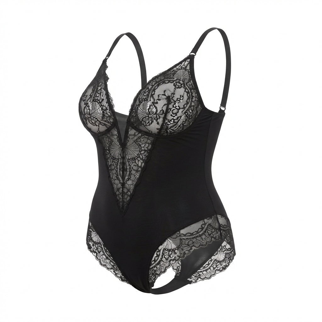 Black Plus Size Lace Panel Bodysuit With Deep V-Neckline - Marelia