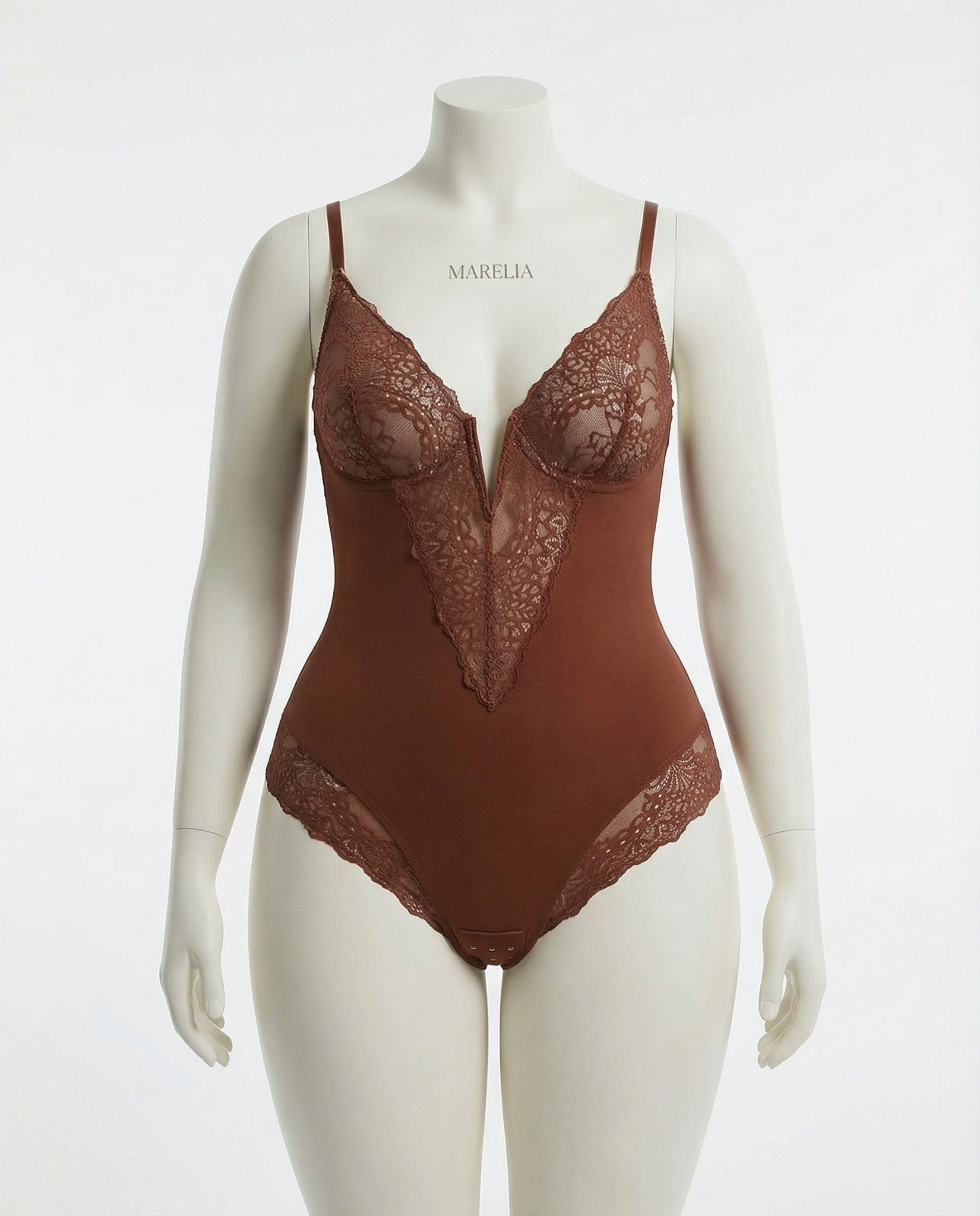 Plus Size Lace Panel Bodysuit With Deep V-Neckline - Marelia