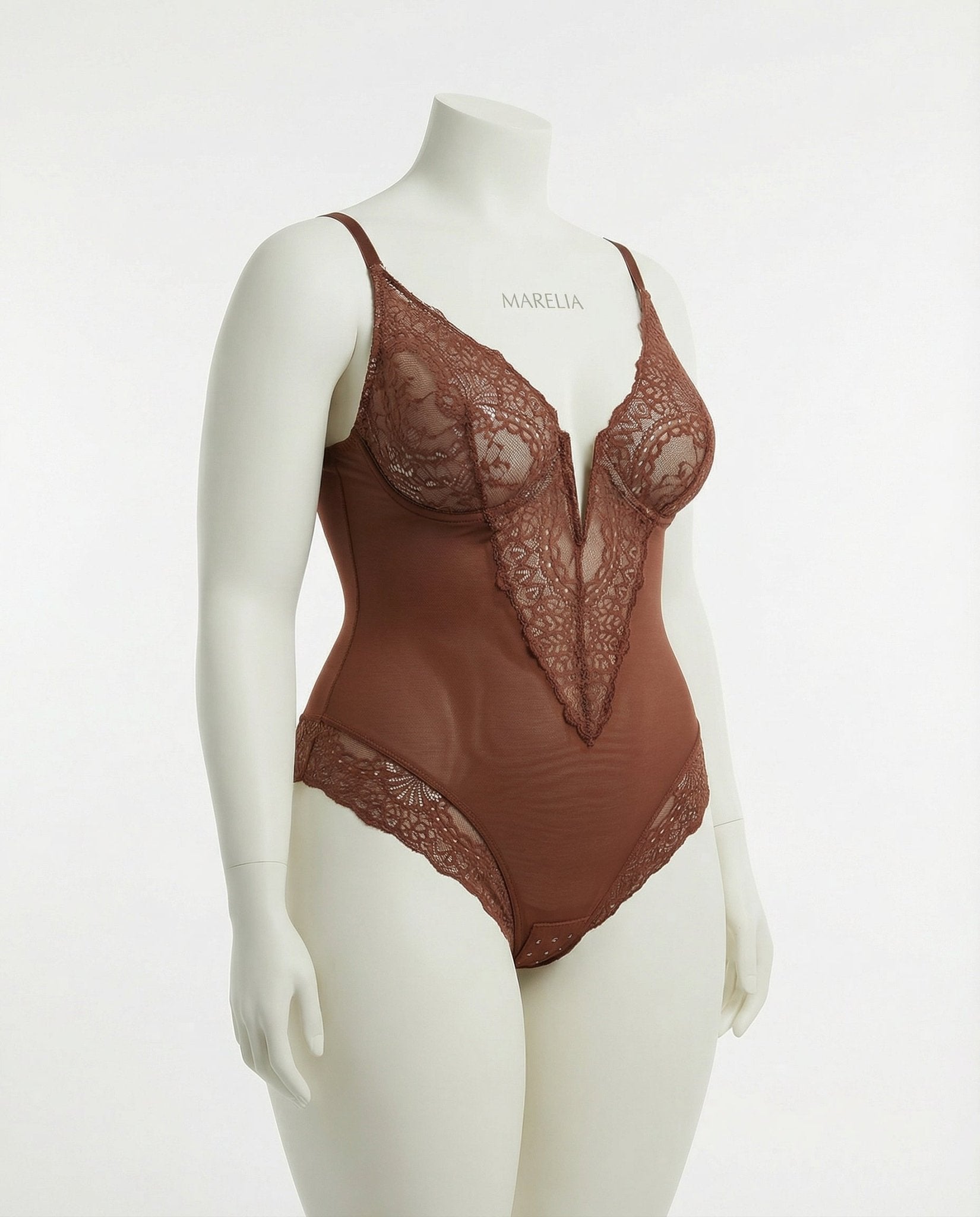 Brown Plus Size Lace Panel Bodysuit With Deep V-Neckline - Marelia