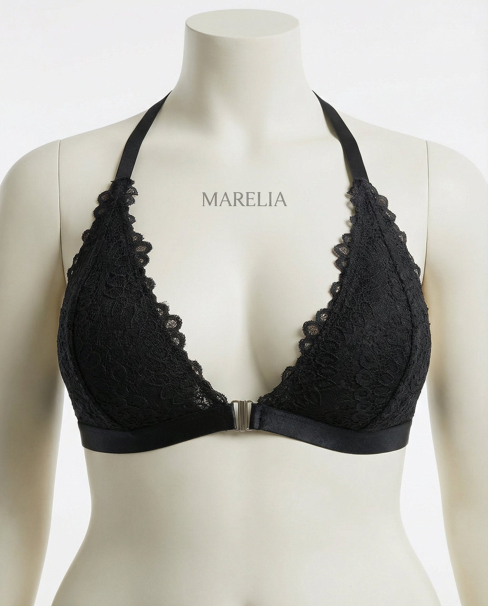 Black Plus Size Lace Plunge Bra With Cross Back Straps - Marelia