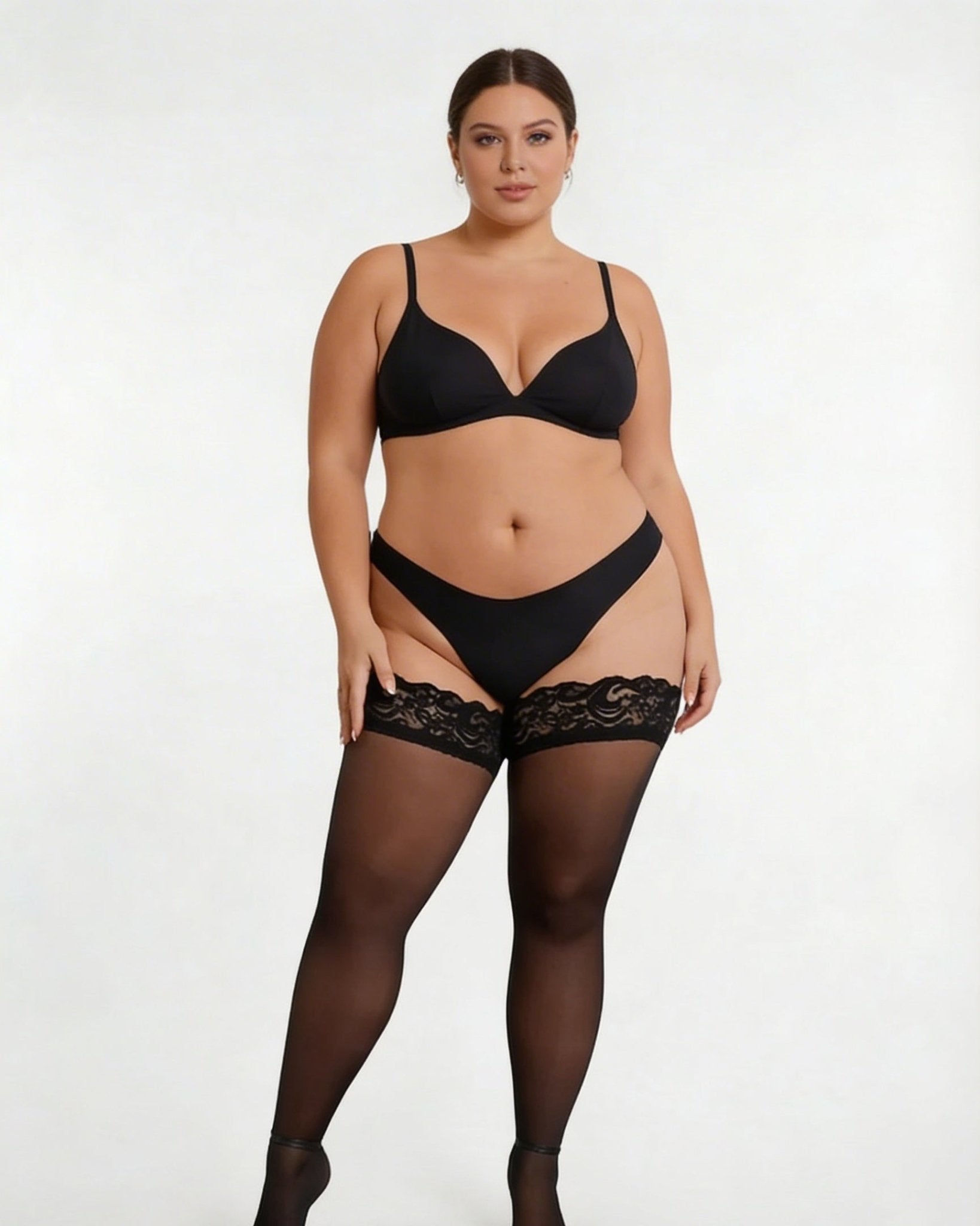 Black Plus Size Lace Top Hold-Up Stockings - MARELIA