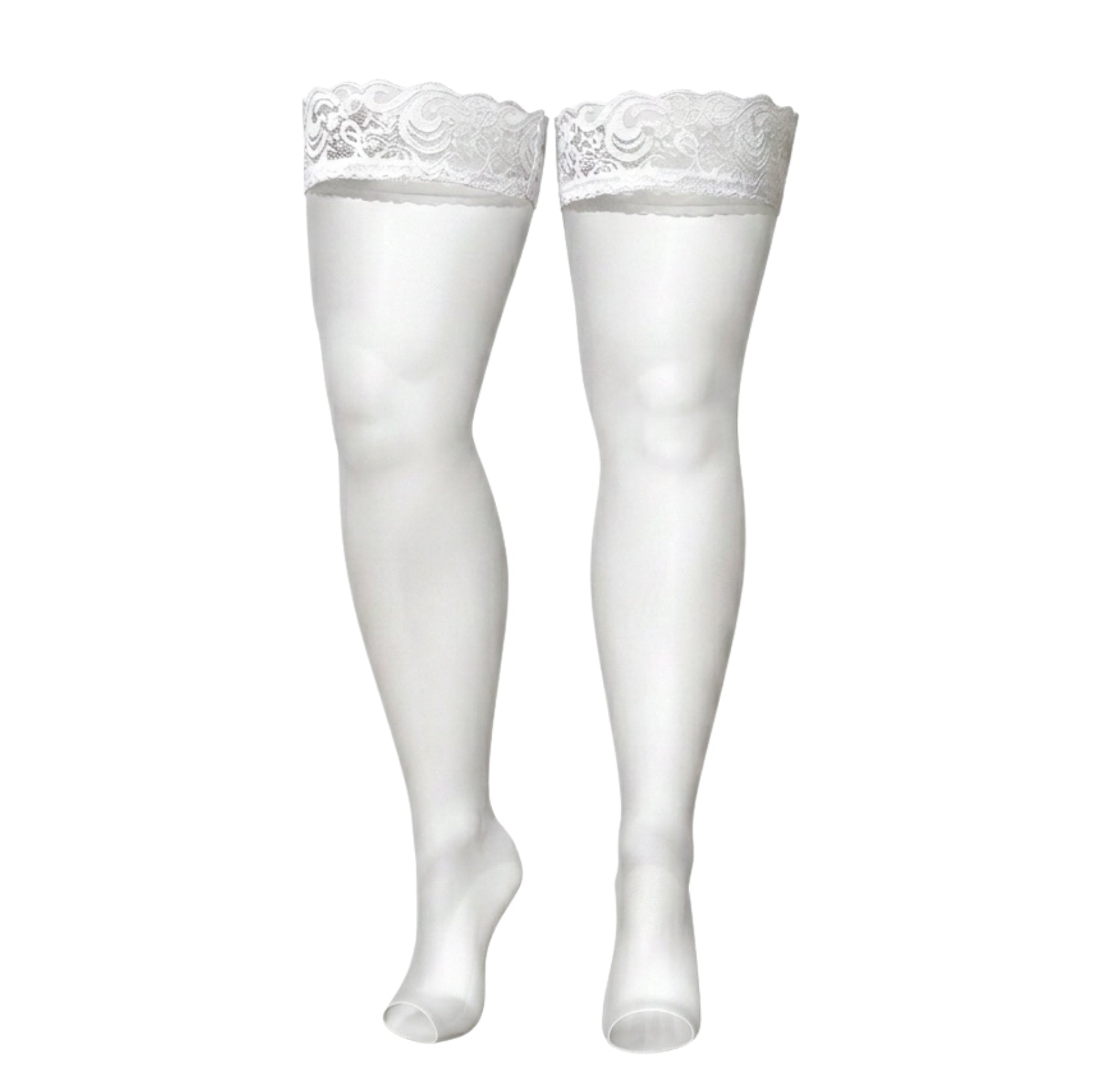 White Plus Size Lace Top Hold-Up Stockings - MARELIA