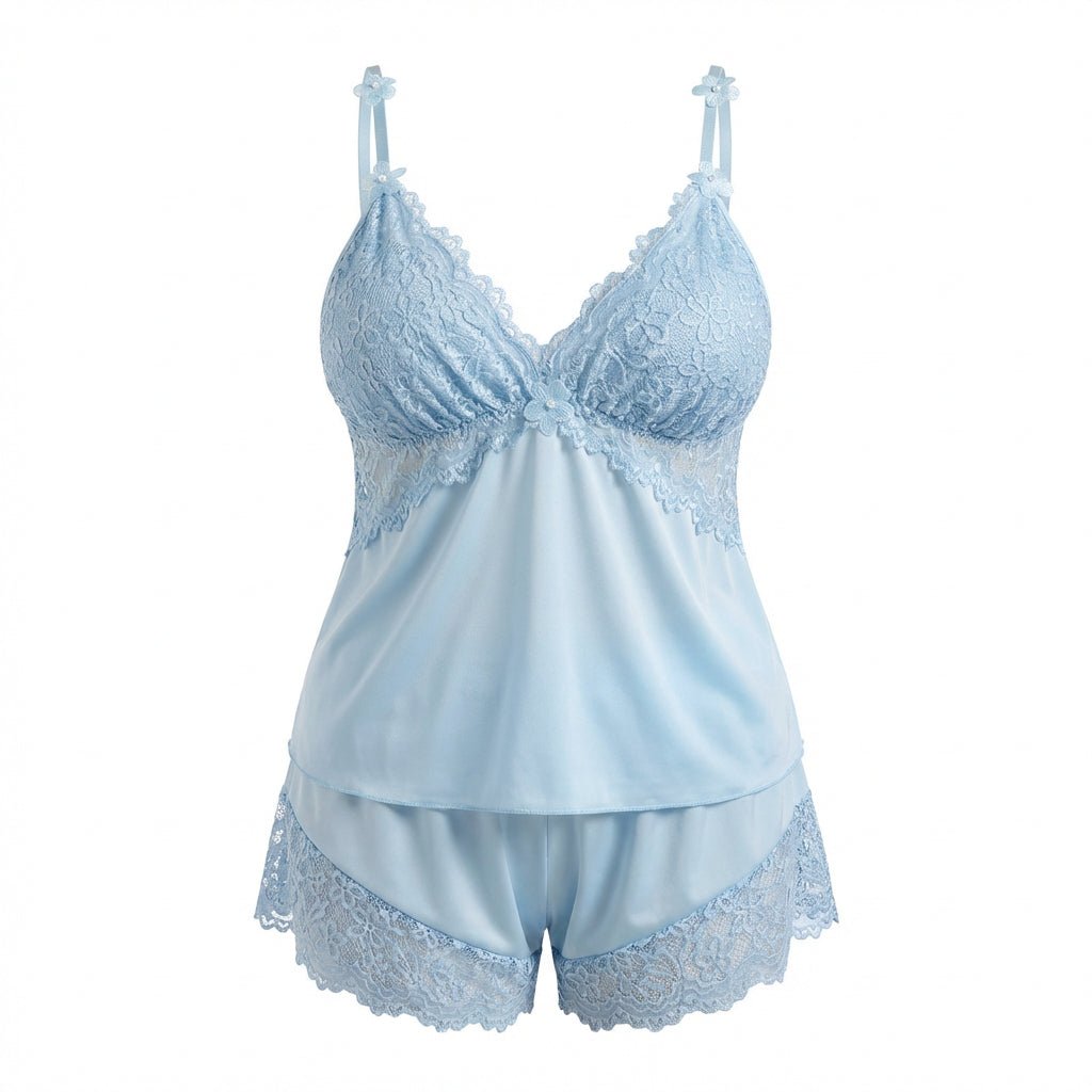 Sky Blue Plus Size Lace Trim Camisole And Shorts Set - Marelia