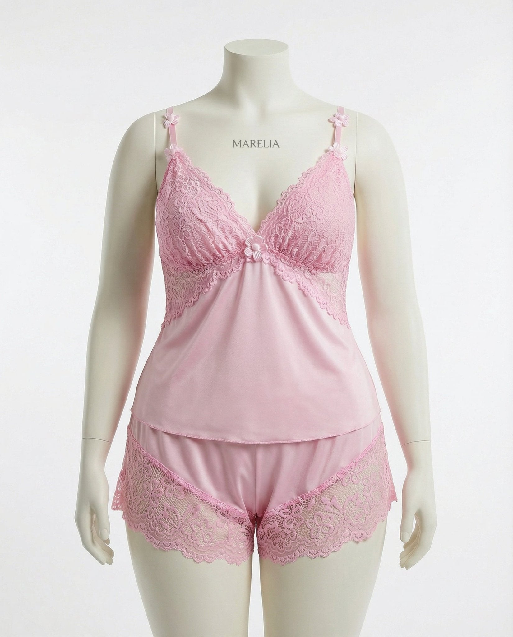 Pink Plus Size Lace Trim Camisole And Shorts Set - Marelia