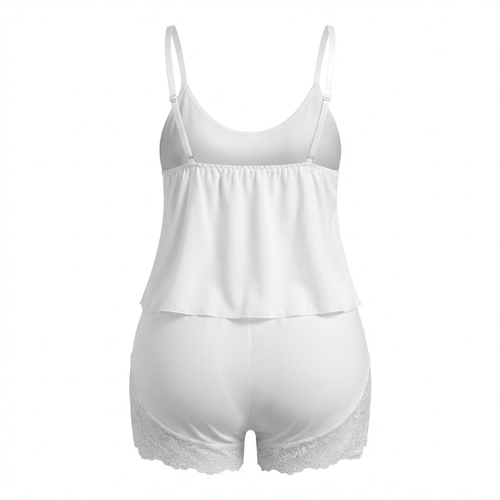 White Plus Size Lace Trim Camisole And Shorts Set - Marelia