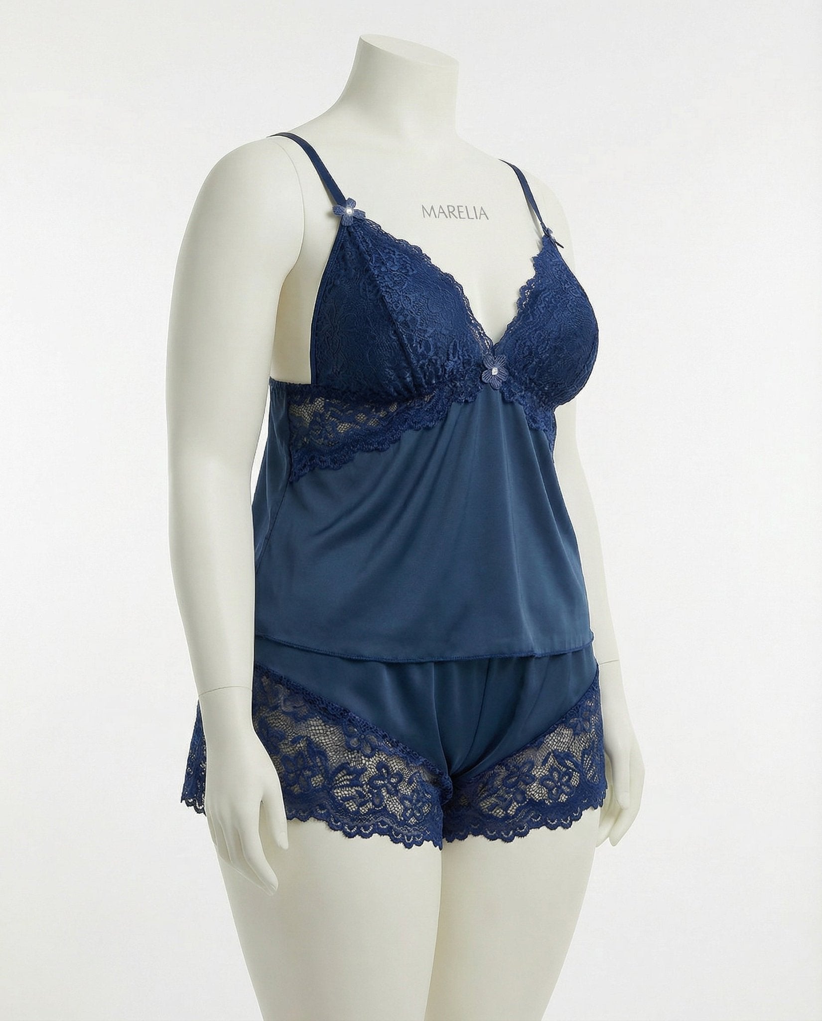 Navy Plus Size Lace Trim Camisole And Shorts Set - Marelia