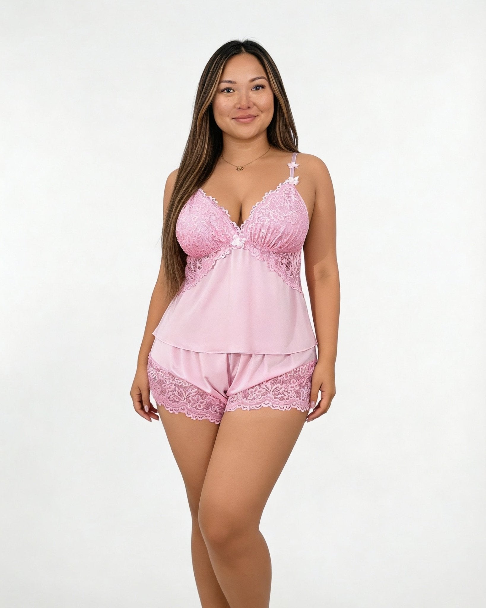 Pink Plus Size Lace Trim Camisole And Shorts Set - MARELIA
