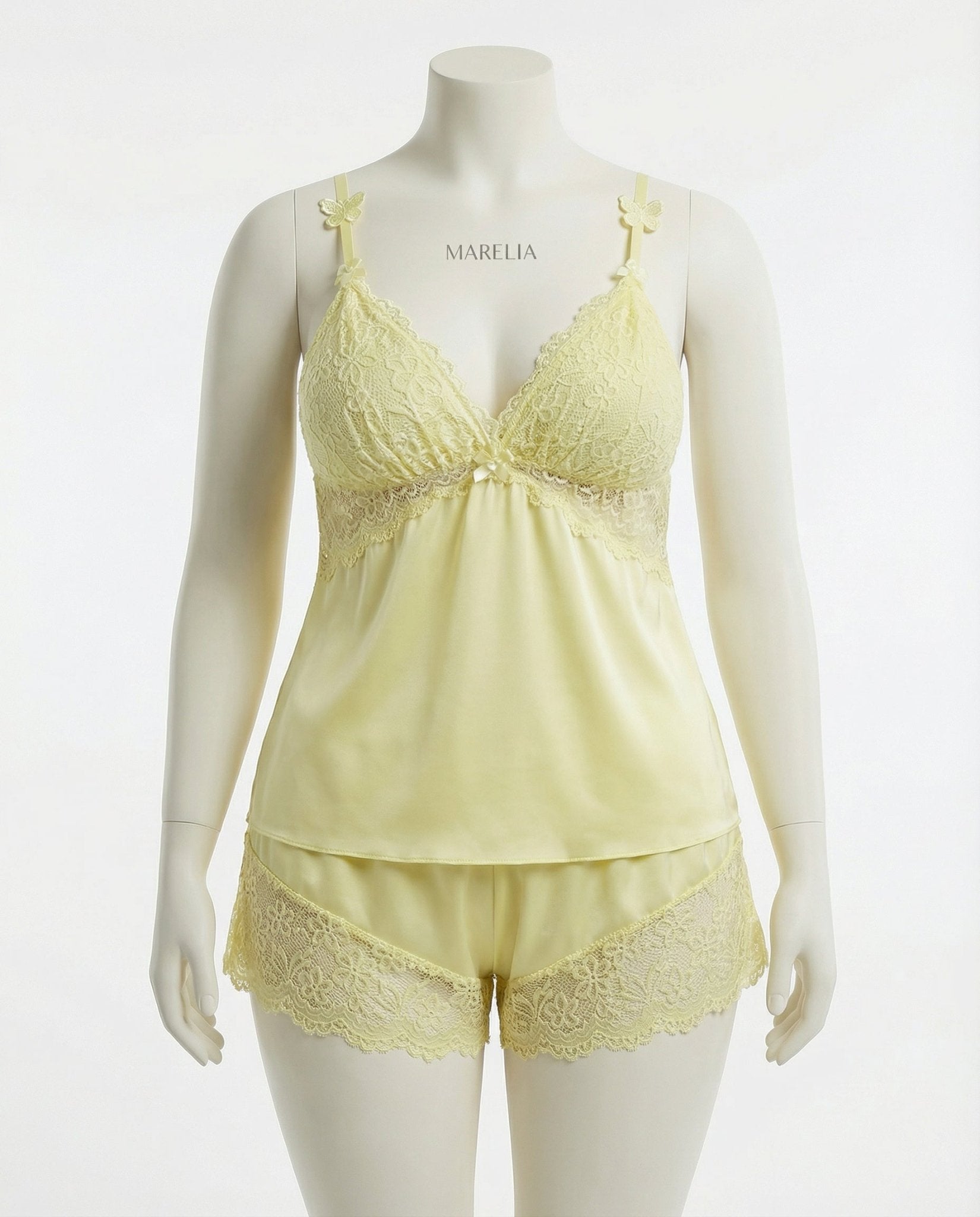 Yellow Plus Size Lace Trim Camisole And Shorts Set - Marelia