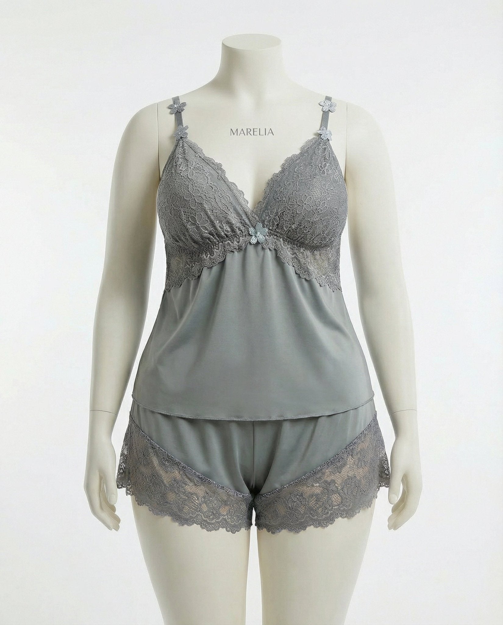 Grey Plus Size Lace Trim Camisole And Shorts Set - Marelia