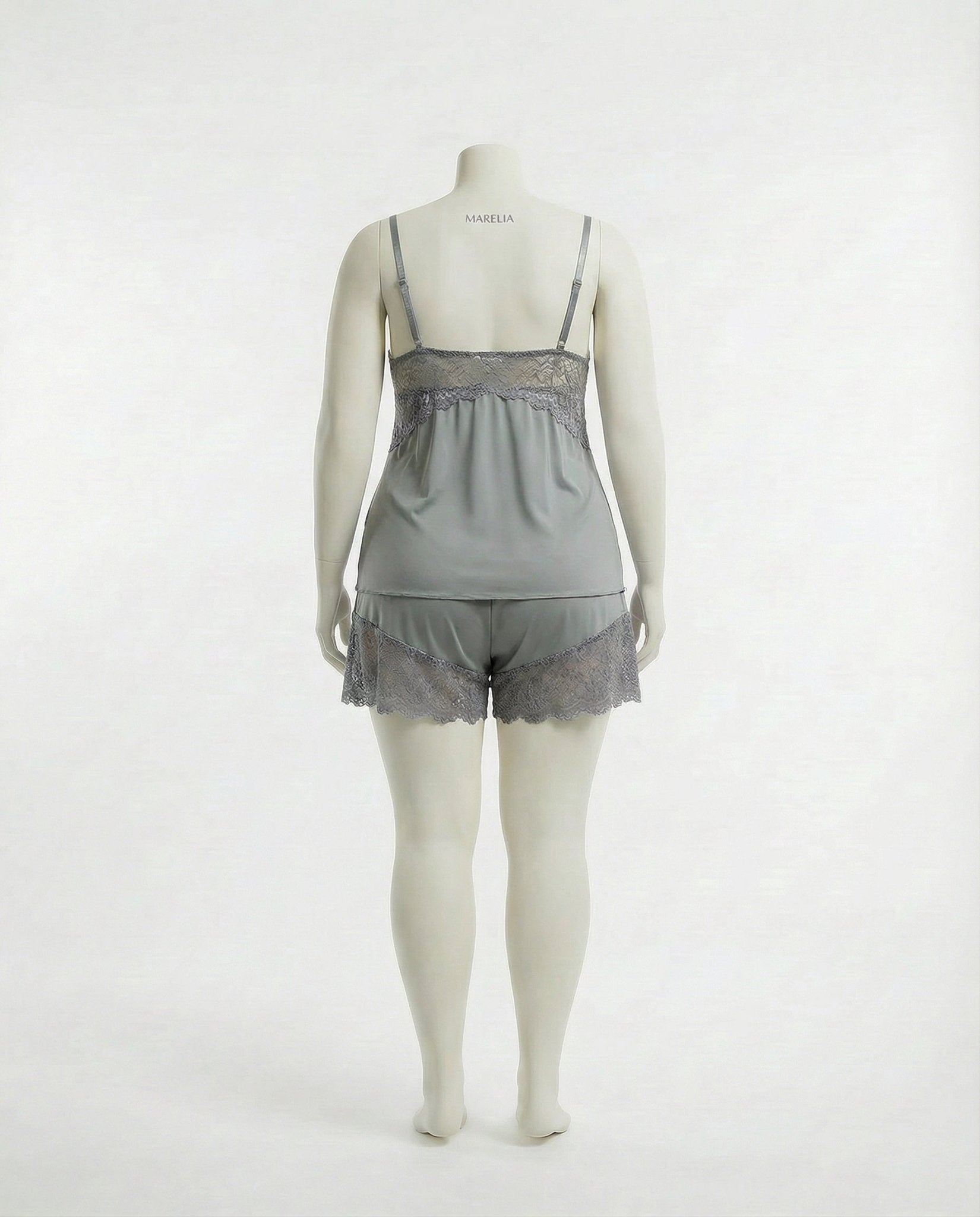 Grey Plus Size Lace Trim Camisole And Shorts Set - Marelia
