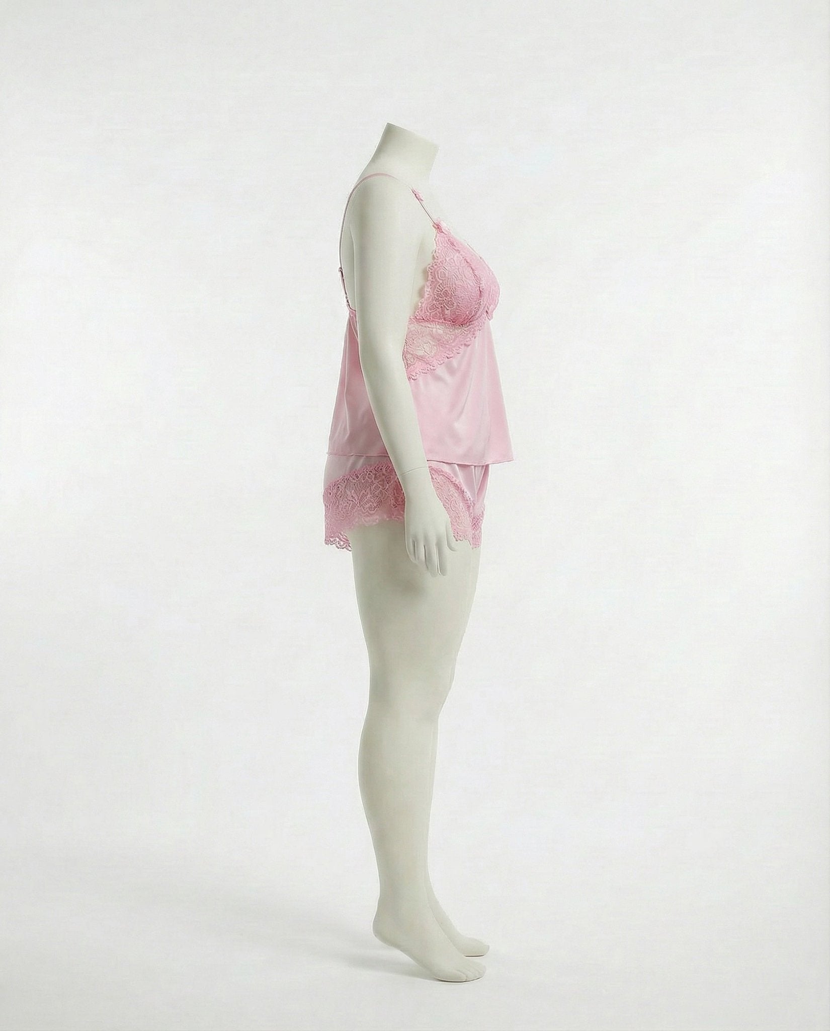 Pink Plus Size Lace Trim Camisole And Shorts Set - Marelia