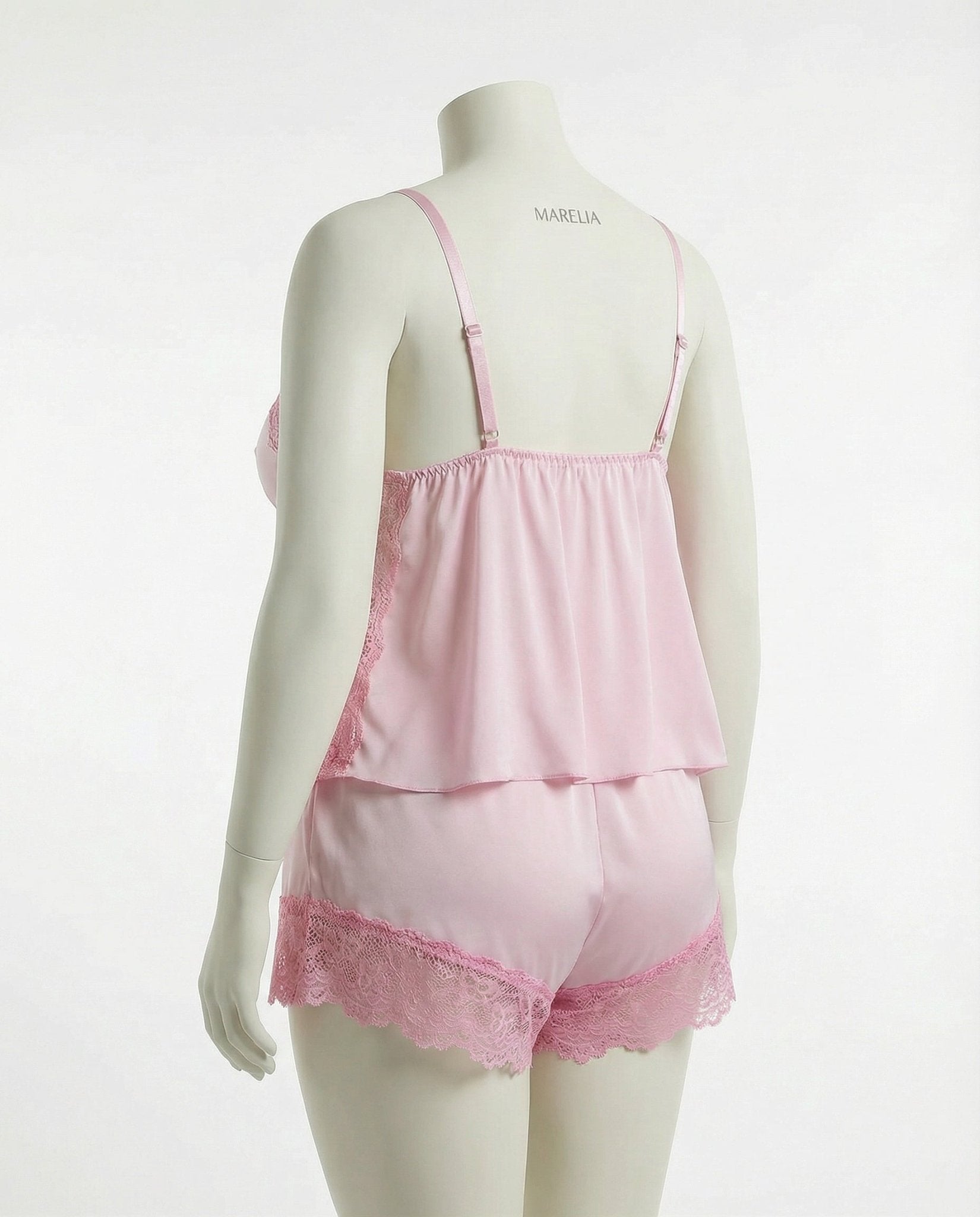 Pink Plus Size Lace Trim Camisole And Shorts Set - Marelia