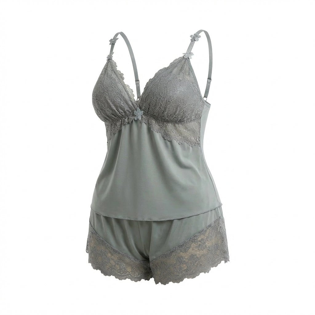 Grey Plus Size Lace Trim Camisole And Shorts Set - Marelia