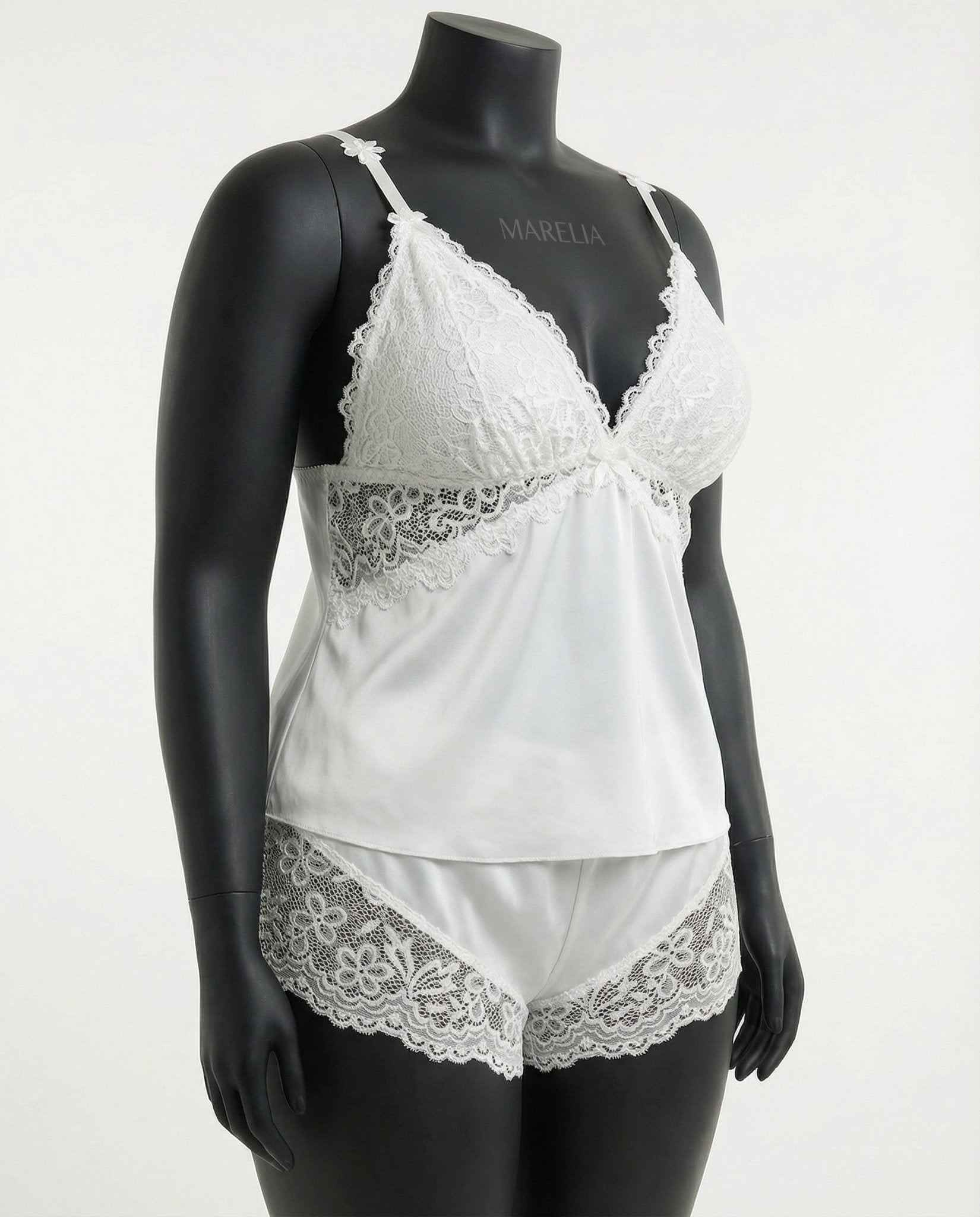 White Plus Size Lace Trim Camisole And Shorts Set - Marelia