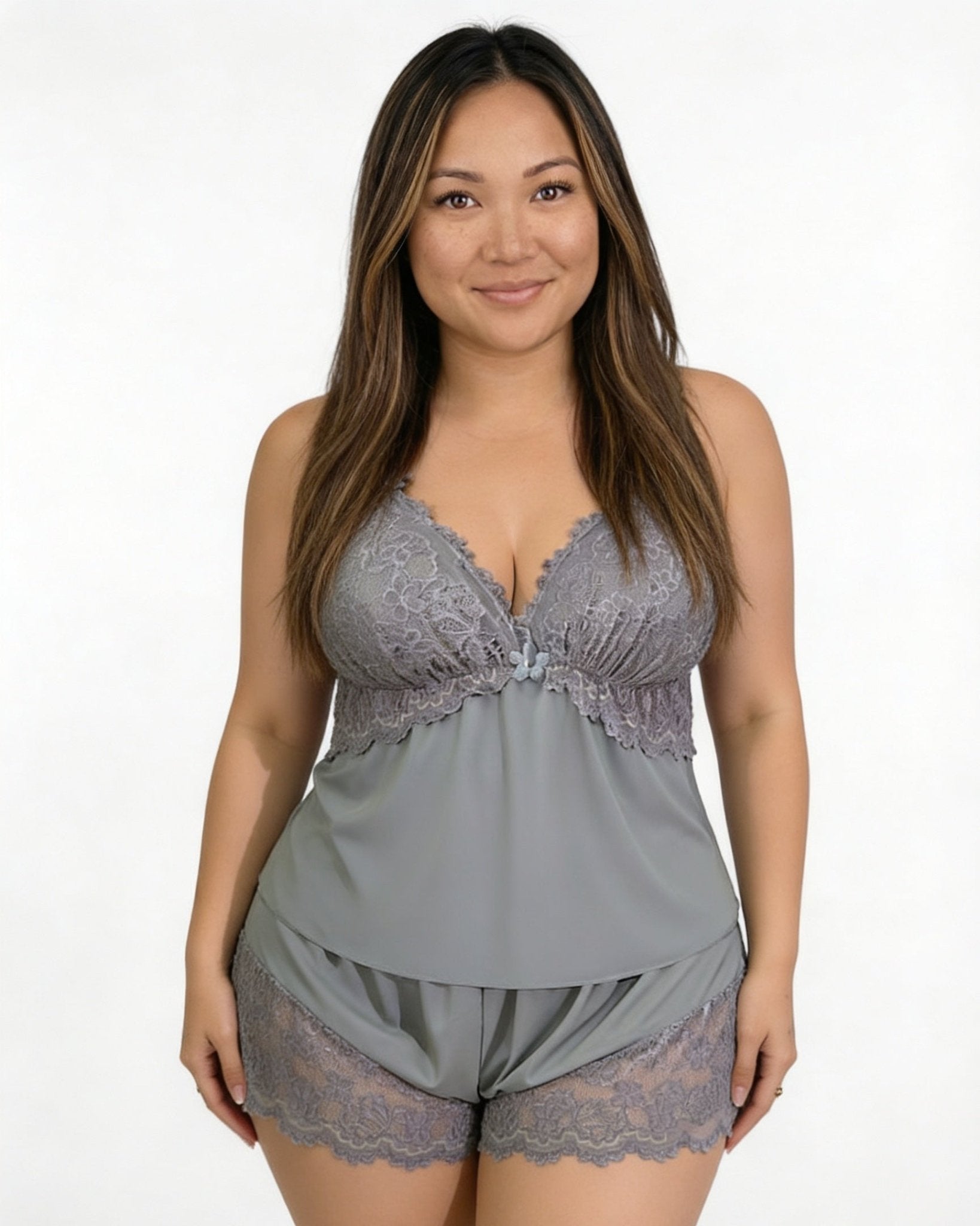 Grey Plus Size Lace Trim Camisole And Shorts Set - MARELIA